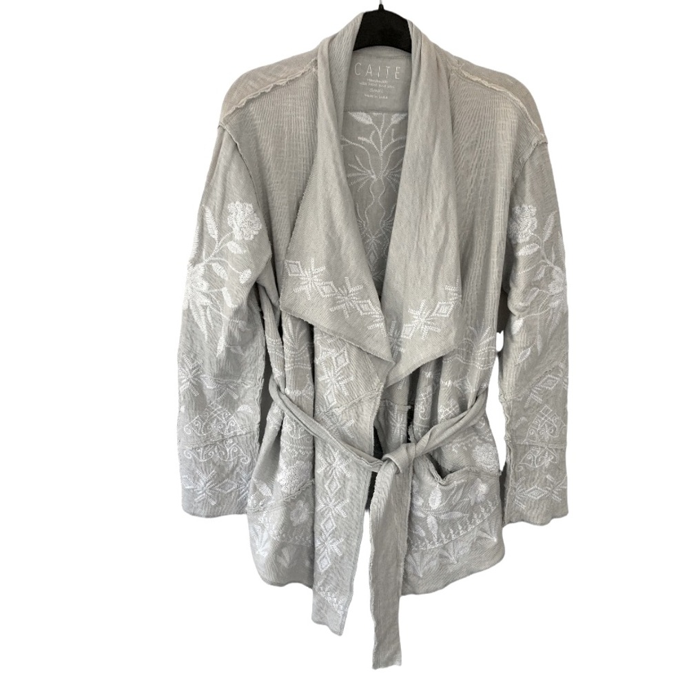 Caite Anthro Belted Boho Cotton Cardigan Floral Embroidered Small Gray Jacket